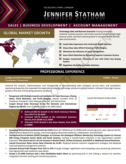 Award-winning graphic resume for Jennifer Statham, a Sales and Business Development Executive. Features a high-contrast layout with global growth maps and revenue charts