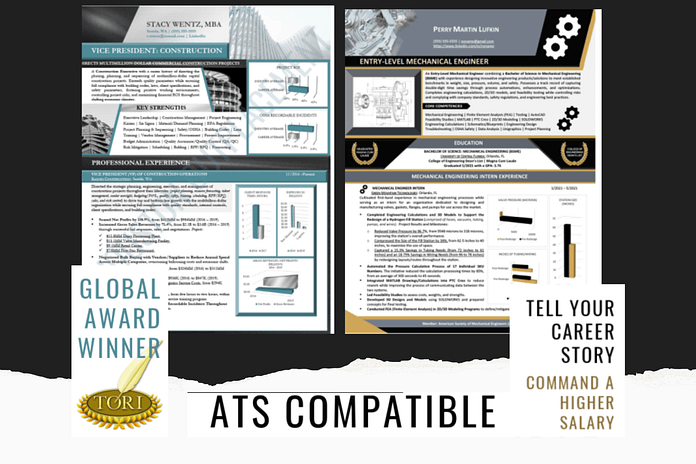 Marketing graphic for Houston Outplacement featuring two award-winning resume samples. Text highlights include Global Award Winner TORI, ATS Compatible, and Tell Your Career Story to Command a Higher Salary.